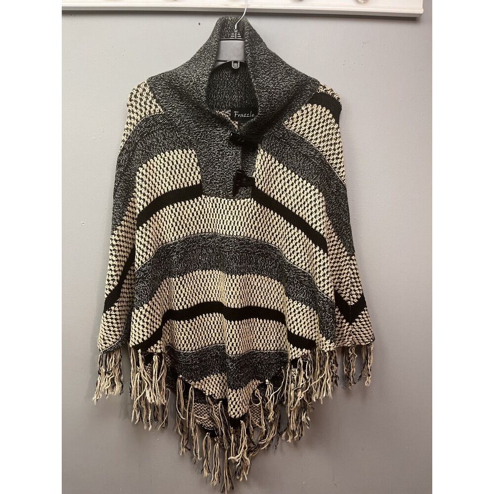 Frazzle Wide Stripe Detail Poncho Black and‎ White Womens One Size Knit Fringe